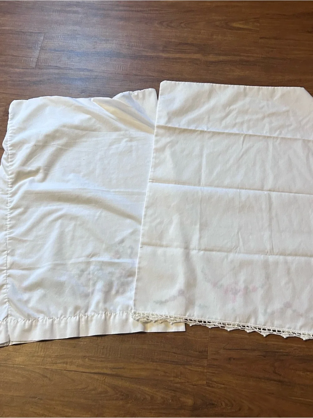 Vintage White Pillowcase with Pink, Purple and Green Floral Embroidery pair